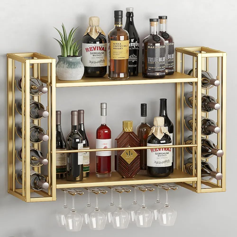 Home Bar Shelf - 벽걸이형 와인랙, 와인잔걸이가 있는 벽걸이형 와인랙,